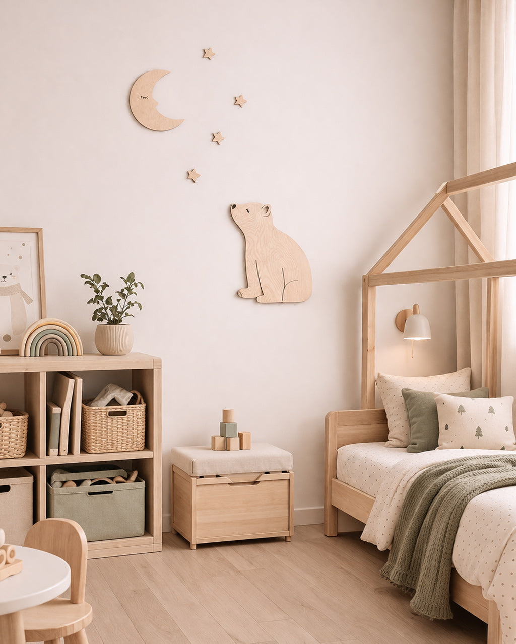Decorazione legno orsetto e luna cameretta neonato vicino alla culla — regalo nascita artigianale