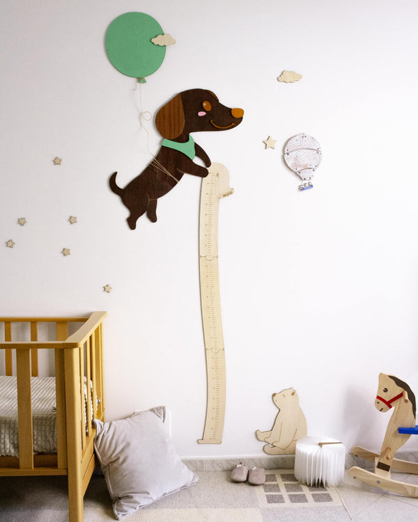 Metro crescita bambino Pablito Bonito in legno di pioppo con palloncino su parete cameretta