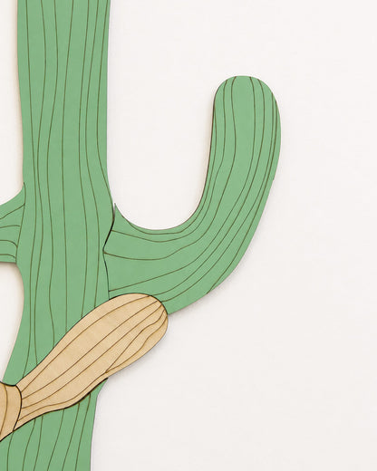 Cactus Alto in legno con fissaggio a gommini adesivi removibili — decorazione parete senza chiodi