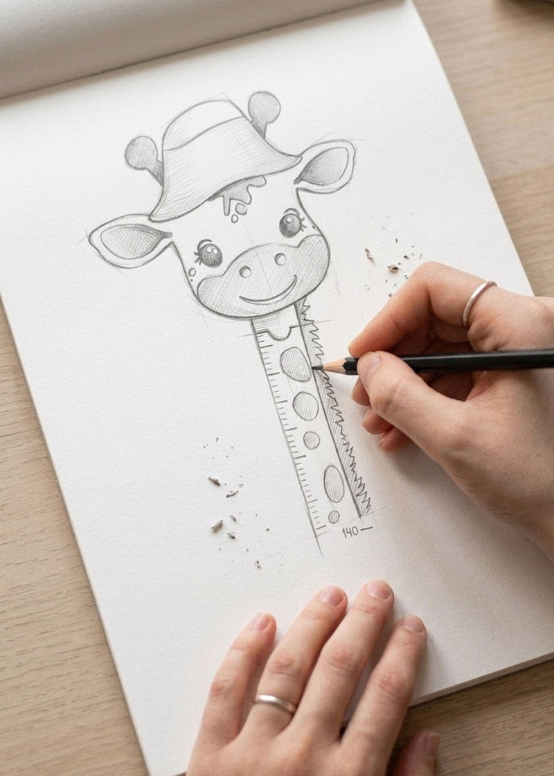 Disegno a matita di Gina Giraffina, il metro crescita a forma di giraffa