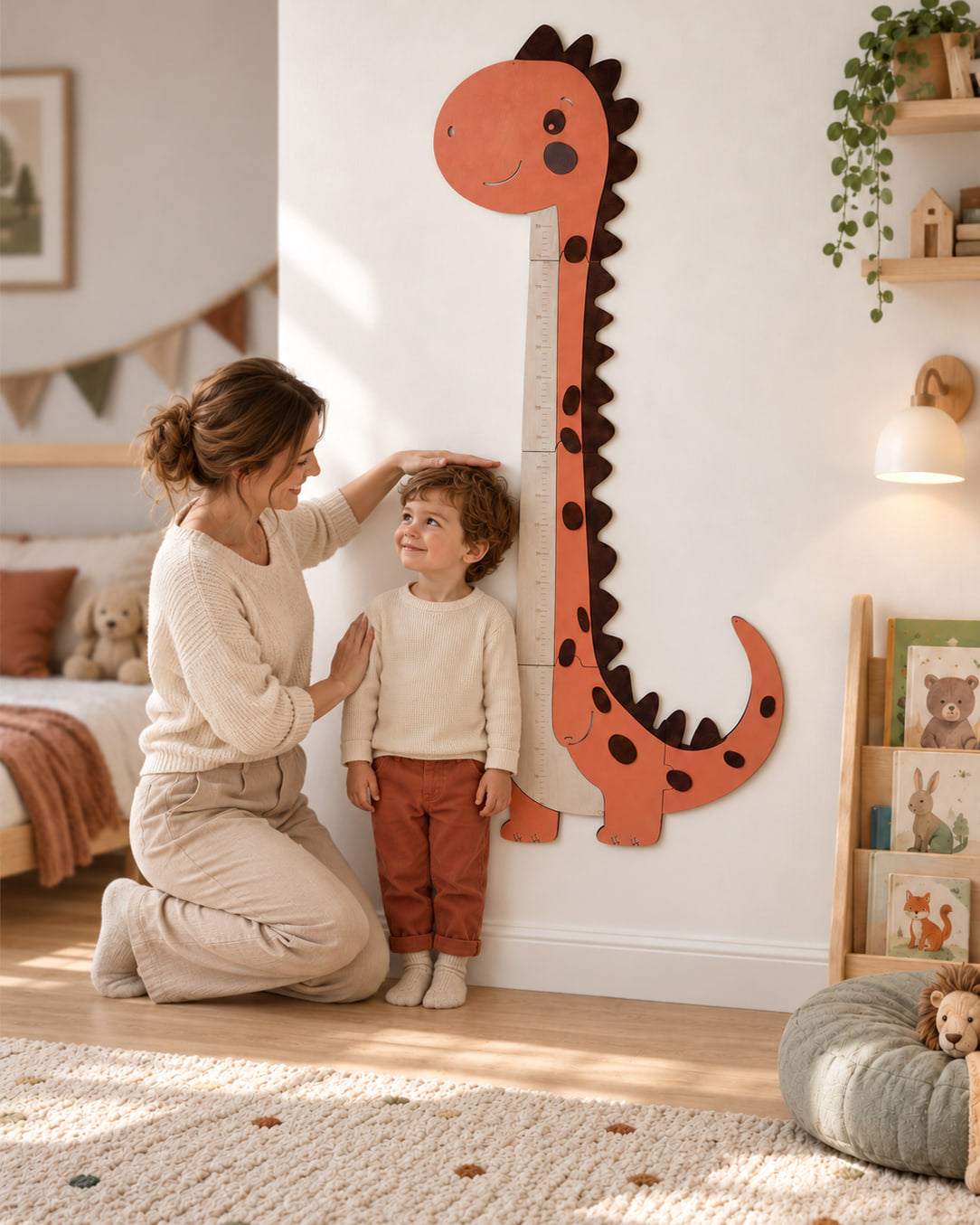 Mamma in ginocchio segna l'altezza del bambino sul metro crescita dinosauro in una cameretta luminosa