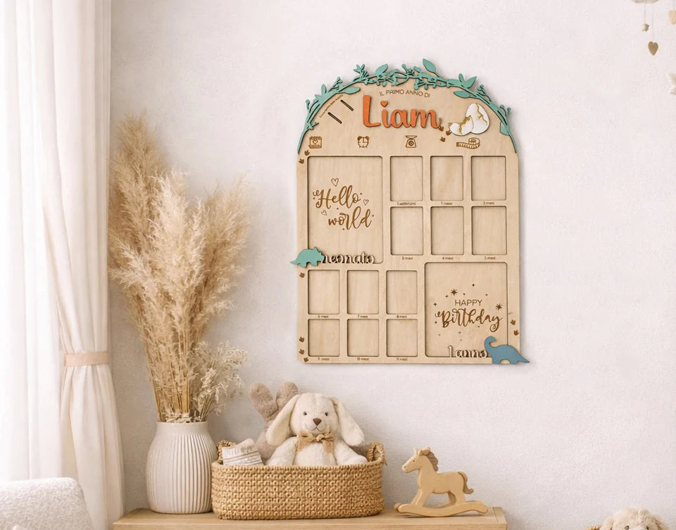 Milestone board primo anno bambino in legno personalizzata — regalo nascita Wudo