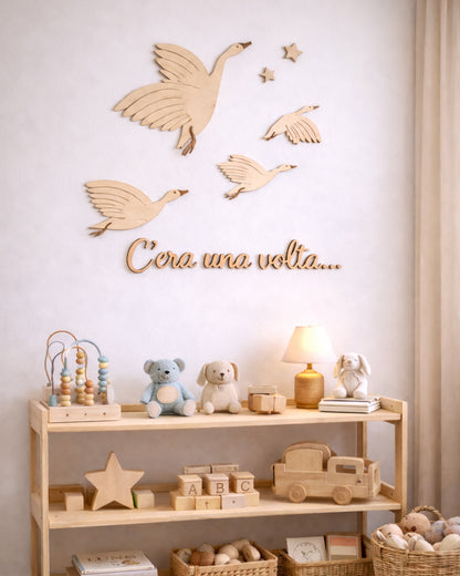 Le Oche in Volo decorazione da parete in legno naturale — cameretta beige Wudo