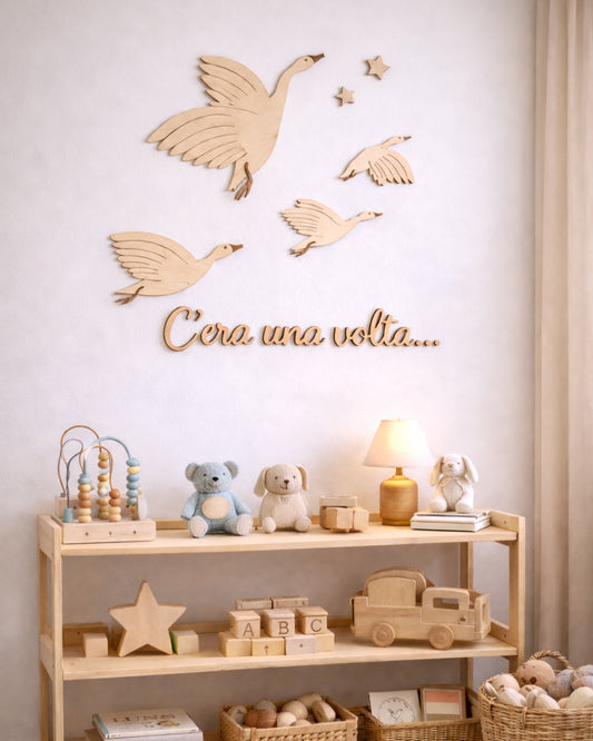 Le Oche in Volo decorazione da parete in legno naturale — cameretta beige Wudo