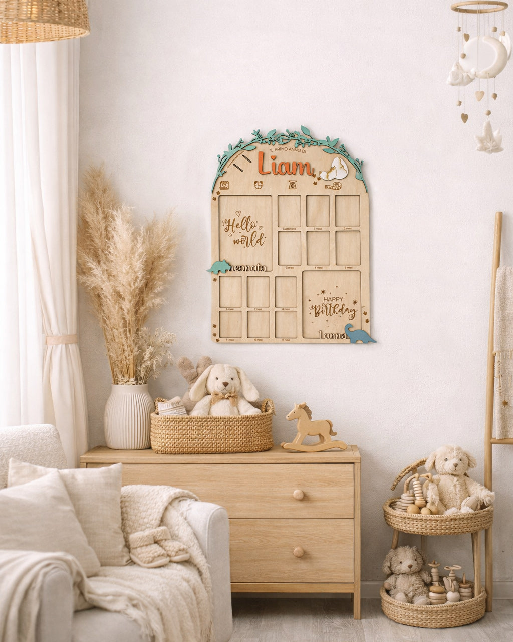 Milestone board primo anno bambino in legno personalizzata con dinosauri cameretta neonato Wudo