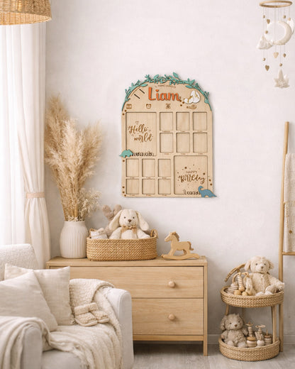 Milestone board primo anno bambino in legno personalizzata con dinosauri cameretta neonato Wudo
