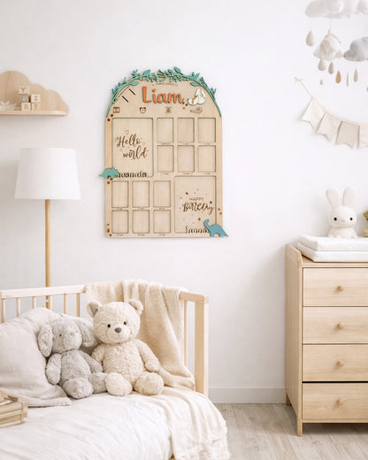Il Primo Giro del Sole milestone board primo anno bambino legno personalizzata ambientata cameretta