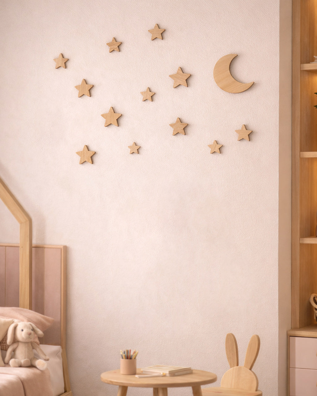 Luna e stelle decorazione da parete in legno naturale — cameretta bambina rosa Wudo