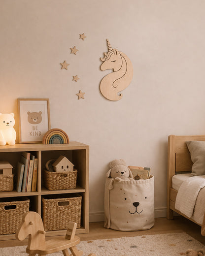 Unicorno delle Stelle decorazione parete legno cameretta beige — wall art naturale bambini Wudo