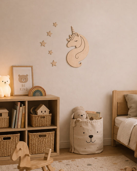 Unicorno delle Stelle decorazione parete legno cameretta beige — wall art naturale bambini Wudo