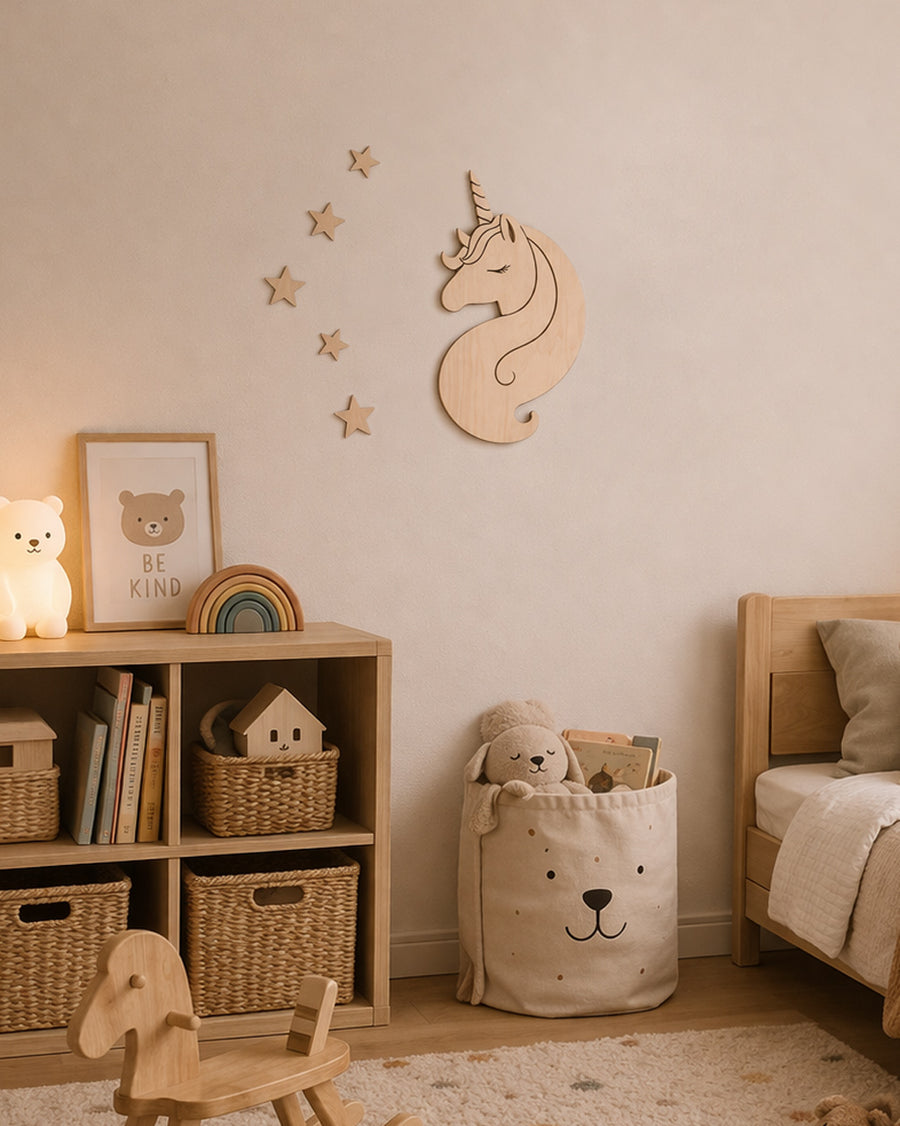 Unicorno delle Stelle decorazione parete legno cameretta beige — wall art naturale bambini Wudo