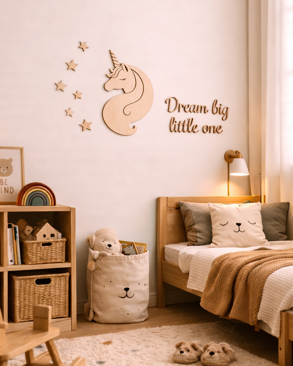 Unicorno delle Stelle decorazione da parete in legno naturale — cameretta bambina cream Wudo