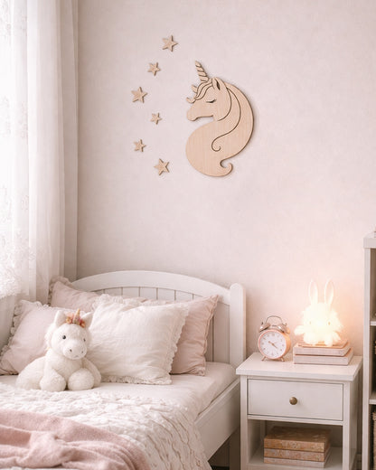 Unicorno delle Stelle wall art legno cameretta bianca — decorazione artigianale Italia Wudo